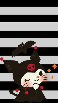 a black and white striped background with a cat in a witches costume