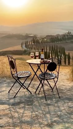 two chairs and a table with wine on it in the middle of an open field