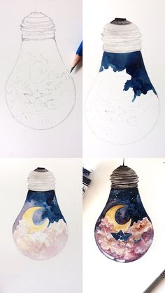 four different ways to draw a lightbulb with watercolors and ink on paper