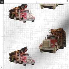 three trucks with logs on the back are depicted in this photo, and one is red