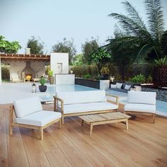 a wooden deck with chairs and tables next to a swimming pool