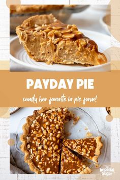 a pie with nuts on top and the words payday pie below it in three different languages