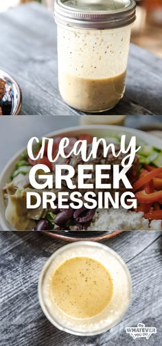 creamy greek dressing in a mason jar and on a plate with salad ingredients next to it