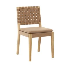 a wooden chair with an upholstered back and seat cushion on the side, in front of a white background