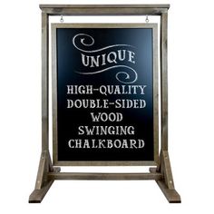 a sign that says unique high quality double sided wood swing chalkboard