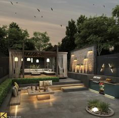 an outdoor living area with couches, tables and lights on the side of it