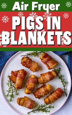 Air fryer pigs in blankets with a text overlay title. Pigs In Blanket, Roast Pork Dinner, Pork Sausages, Bacon Wrapped Pork, Uk Recipes