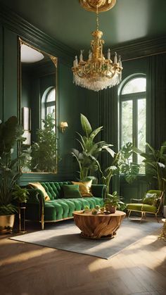 a living room with green couches and gold chandelier