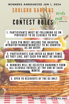 an advertisement for the contest with fruit and vegetables on it, including grapes, oranges,