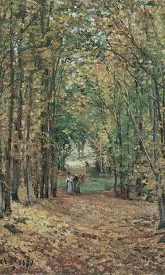 an oil painting of a wooded area with trees in the foreground and two people walking through it