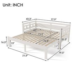 a white bed frame with measurements for it