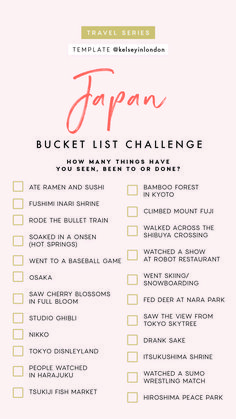 the japan bucket list is shown in pink and yellow