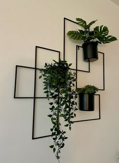 three black planters mounted to the side of a wall