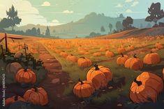 a field full of pumpkins with mountains in the background and trees on either side