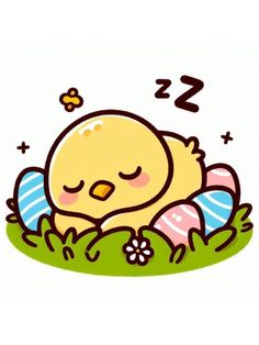 a cartoon chicken sleeping in the grass with an egg on it's back and its eyes closed