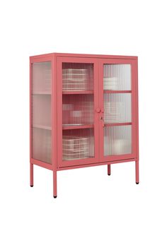 a red metal cabinet with glass doors and shelves on the bottom shelf is shown against a white background