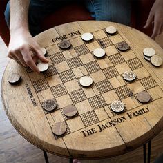 Complete your game room, man cave, or even living room with our Tennessee Whiskey Barrel Checkerboard Side Table handcrafted from Jack Daniel's whiskey barrels. We call it mid-century rustic. It used to hold Jack Daniel’s whiskey. Now it can hold the perfect game platform for two. Chess or checkers anyone? Our natural wood pieces are beautiful and unique. Every piece of wood is different from the next. As such, the Whiskey Barrel Checkerboard Game Table you purchase may not exactly resemble the Game Room Table, Checkerboard Table, Jack Daniels Whiskey Barrel, Poker Tables, Game Room Tables, Game Room Man Cave, Board Game Pieces, Puzzle Table, Barrel Stave