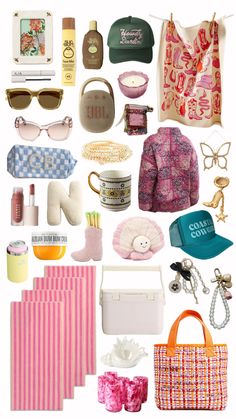 a collage of various items including shoes, hats and bags are featured in this image