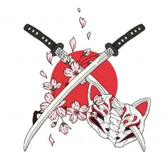 two japanese swords with flowers and a mask on the side, surrounded by cherry blossoms