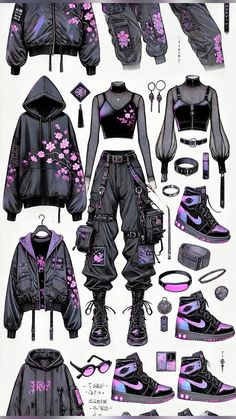 an image of various clothing and accessories in purple, black and grey colors on a white background