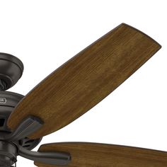 a ceiling fan with two wooden blades on it