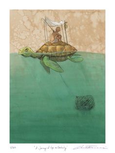 a painting of a man riding on top of a turtle in the ocean with a net