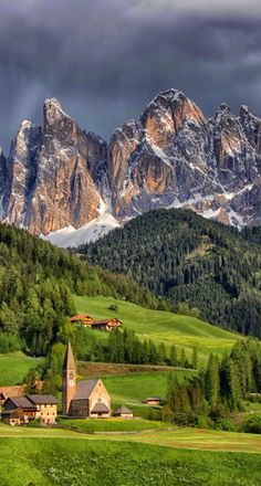 the mountains are covered in snow and green grass, with small houses on each side