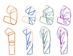 six different colored pencil drawings of long sleeved shirts with ties on the sides and one knoted at the top