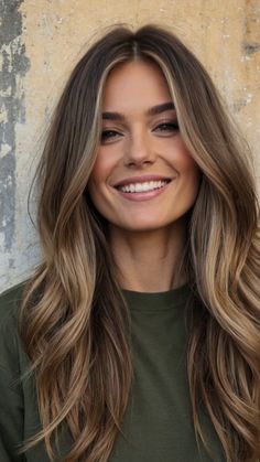 Fall Blonde Brunette Hair Color, Long Haircut Balayage, Brunette To Caramel Balayage, Mushroom Brown Hair Highlights, Brunette Fall Highlights, Brunette With Honey Balayage, Natural Brown Hair With Dimension, Brunette Hair With Carmel Highlights, Light Brown Fall Hair Color