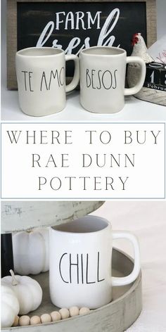 Where to buy Rae Dunn pottery, mugs, signs, canisters, bowls, birdhouse, plates, salt, and pepper. Add to your farmhouse display collection, coffee bar, bathroom, kitchen or tiered tray. Inspired decor items for sale for holidays like Easter and Christmas. Rae Dunn Collection, Bar Bathroom, Living In San Francisco, Unique Pottery, Design Fields, How To Decorate, Red And Black Plaid, Pottery Mugs, Everyday Items