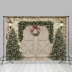 an image of a christmas scene with lights on the doors and trees in front of it