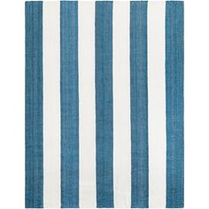 a blue and white rug with vertical stripes