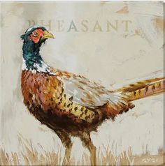 a painting of a pheasant standing in tall grass with the words bessant on it