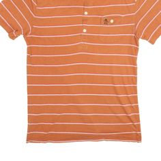 Item is in good used condition. Slight signs of wear throughout the polo shirt. >Size: M >Armpit To Armpit: 21" >Armpit To Cuff: 3" >Collar To Hem: 27" Vintage Summer Polo Collar T-shirt, Striped Collared Cotton T-shirt, Casual Orange Collared T-shirt, Orange Cotton Top With Camp Collar, Retro Polo Collar T-shirt For Summer, Brown Cotton Polo Shirt With Polo Collar, Brown Cotton Polo Shirt, Brown Cotton Short Sleeve Polo Shirt, Brown Cotton Polo Shirt For Summer