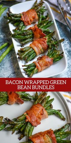 bacon wrapped green bean bundles on a white plate