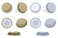 six different types of beer bottle caps on a white background, each with a blank label