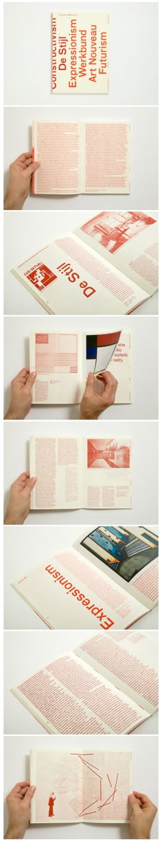 four different views of an open book with red and white pages