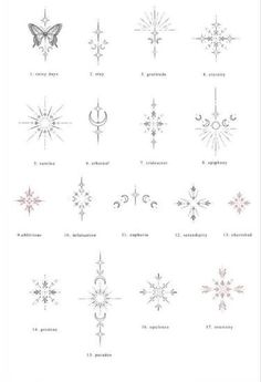 the different types of snowflakes are shown in black and white, with pink accents