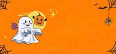 a halloween scene with ghost and pumpkins on an orange background