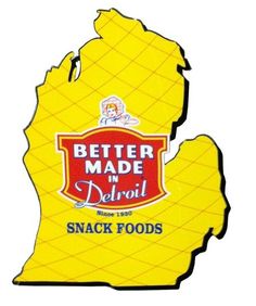 a sign that says better made in detroit snack foods on the back of a map