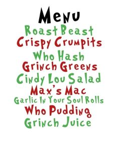 the word menu is made up of many different types of food and drink names in green, red, and black