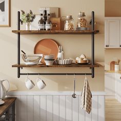 the kitchen is clean and ready to be used for cooking or baking, with dishes hanging on the shelves