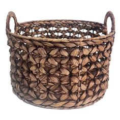 a woven basket is shown on a white background with clippings for the handles