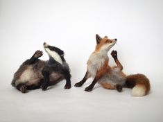 three stuffed animals sitting next to each other in front of a white background and one has its paws on the ground