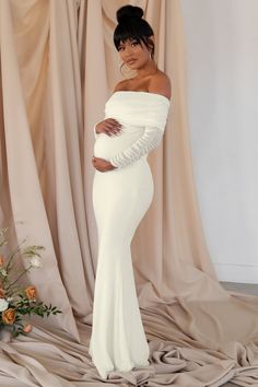 Pretty Perfect | White Maternity Ruched Mesh Bardot Maxi Dress Baby Shower Dress White, Pregnancy Bridesmaid Dress, White Bodycon Dress Classy, White Pregnancy Dress, White Baby Shower Dresses, Elegant Pregnancy Outfits, White Baby Shower Dress, Pregnant Dress Elegant, White Maternity Dress