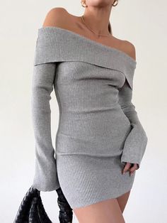 Short Knit Dress, Cold Shoulder Styles, Acrylic Design, Short Bodycon Dress, Ribbed Shorts, Short Dresses Casual, Hip Dress, Knit Mini Dress, Long Sleeve Bodycon