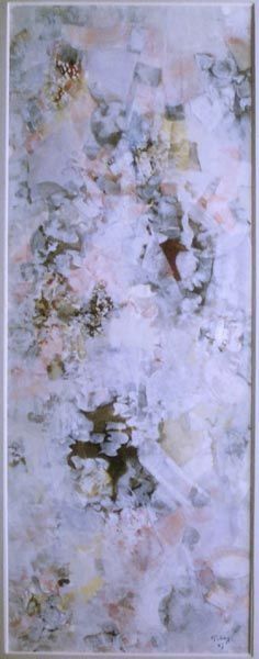 an abstract painting with white, brown and yellow colors on it's surface is shown