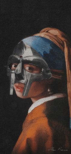 a painting of a woman with a mask on her face and wearing a metal headdress