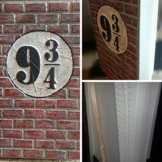 three pictures of the same house number and address on one brick wall, two photos of doors with numbers painted on them