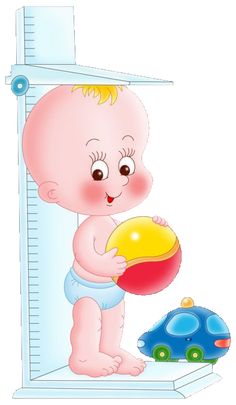 a baby is holding a ball in his hand and standing on a scale with a measuring tape behind him